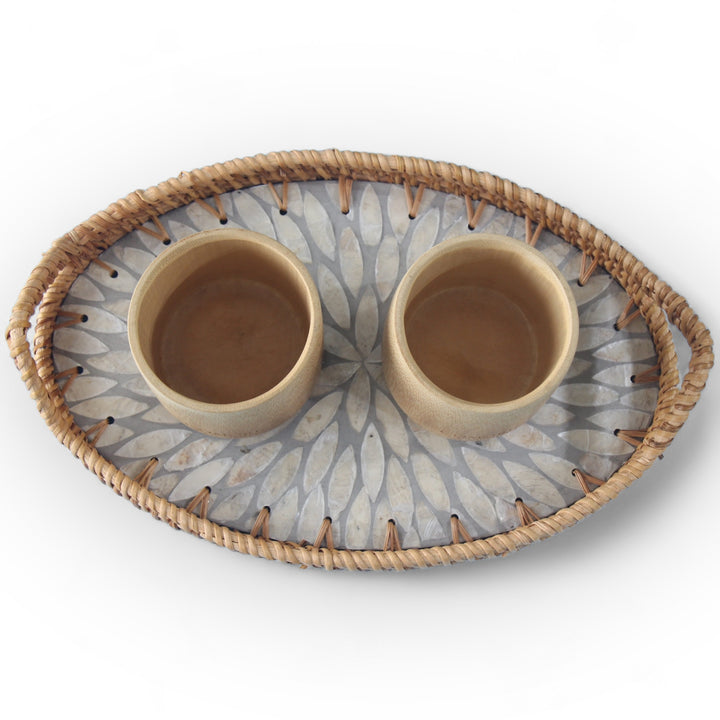Set of 2 Medium Bamboo Cups and Small Silver Oval Seashell Tray