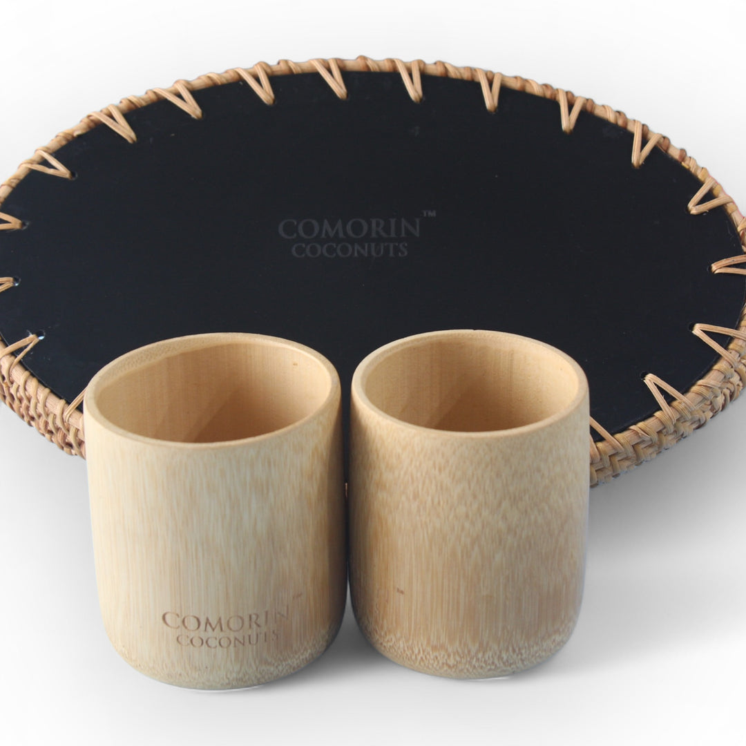Set of 2 Medium Bamboo Cups and Small Silver Oval Seashell Tray