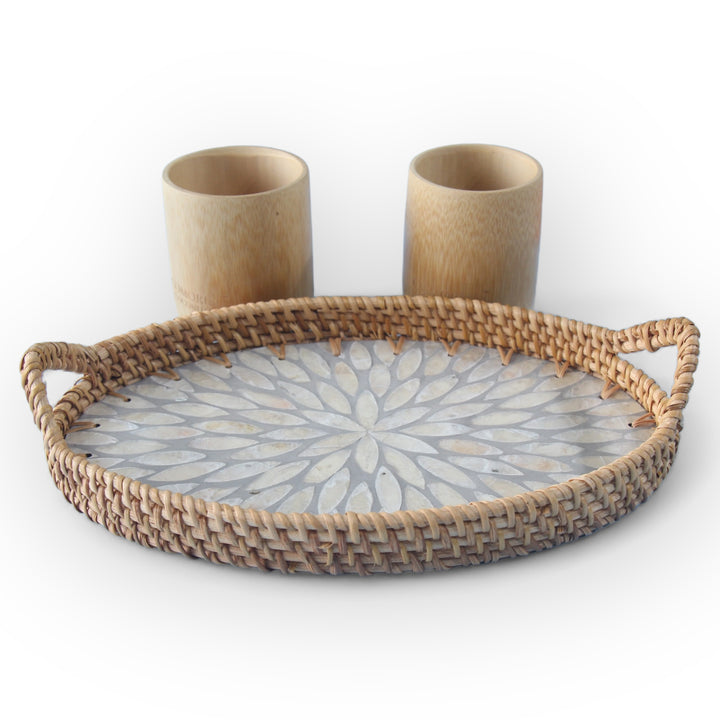 Set of 2 Medium Bamboo Cups and Small Silver Oval Seashell Tray