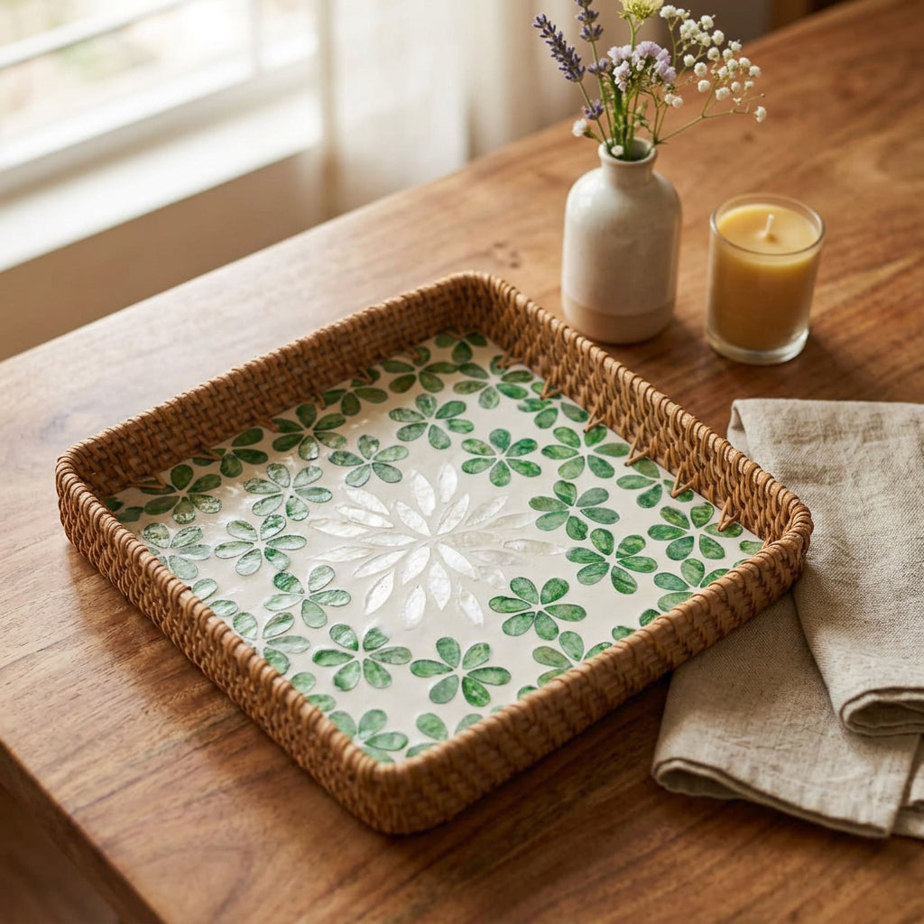 GREEN FLORAL SQUARE SEASHELL TRAY