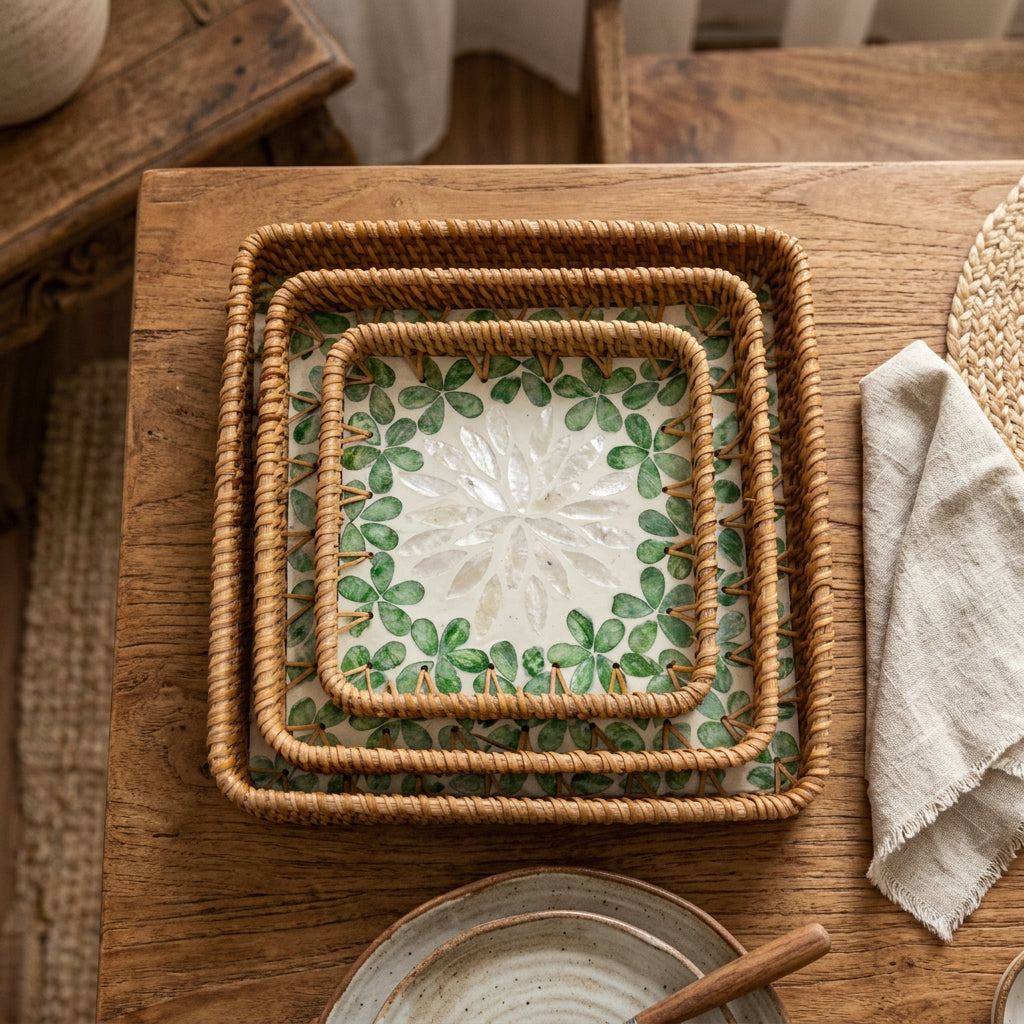 GREEN FLORAL SQUARE SEASHELL TRAY