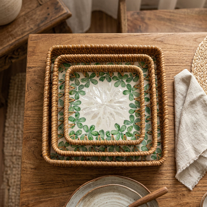 GREEN FLORAL SQUARE SEASHELL TRAY
