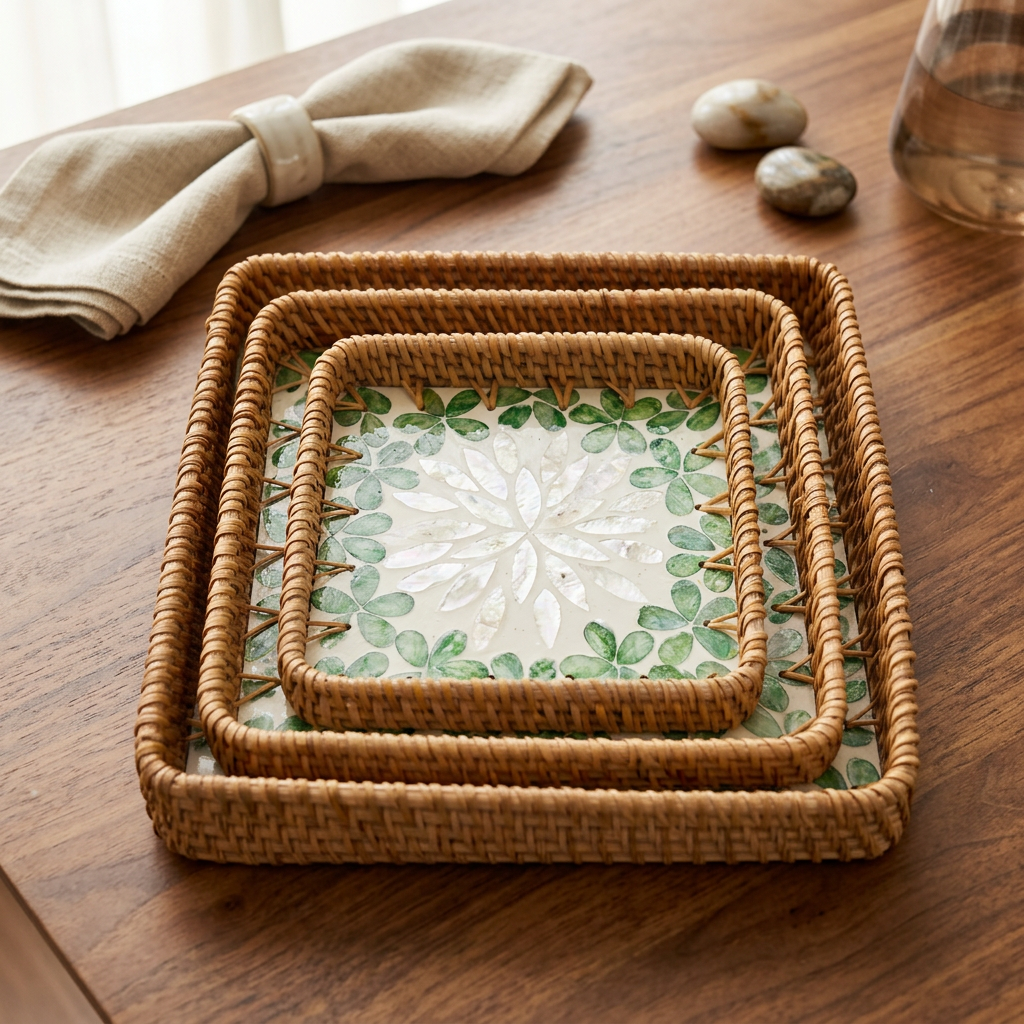 GREEN FLORAL SQUARE SEASHELL TRAY