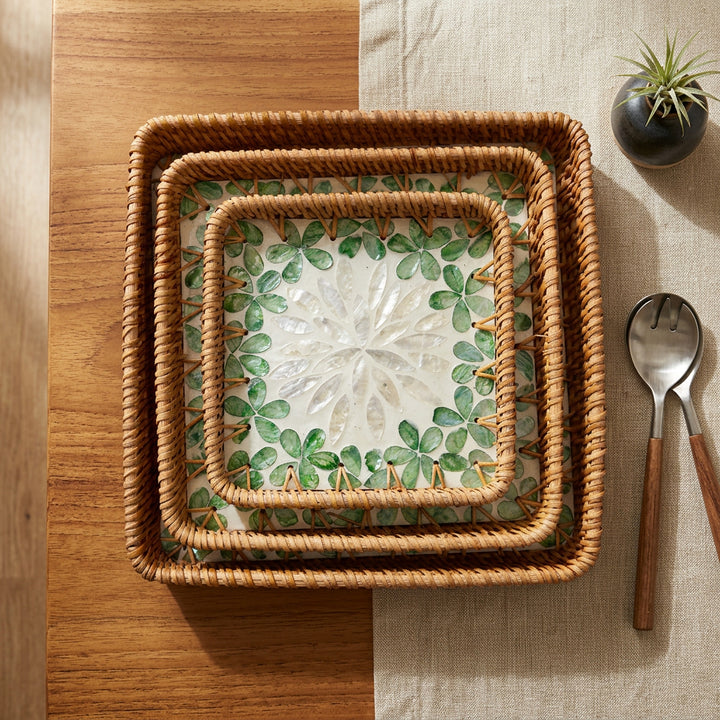 GREEN FLORAL SQUARE SEASHELL TRAY