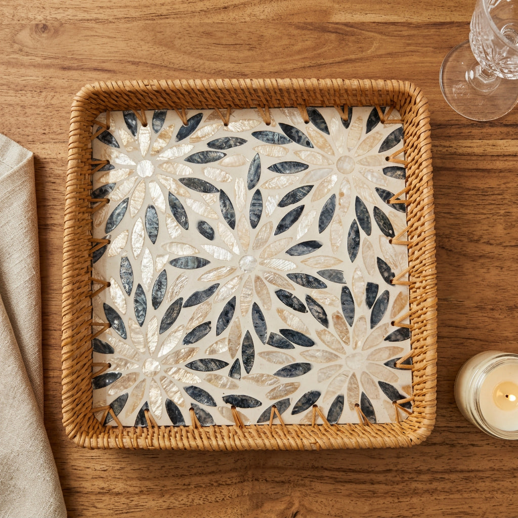GREY FLORAL SQUARE SEASHELL TRAY